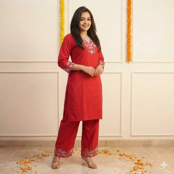 Red_Cotton_Premium_And_Fancy_Design_Co-Ord_Set_For_Women
