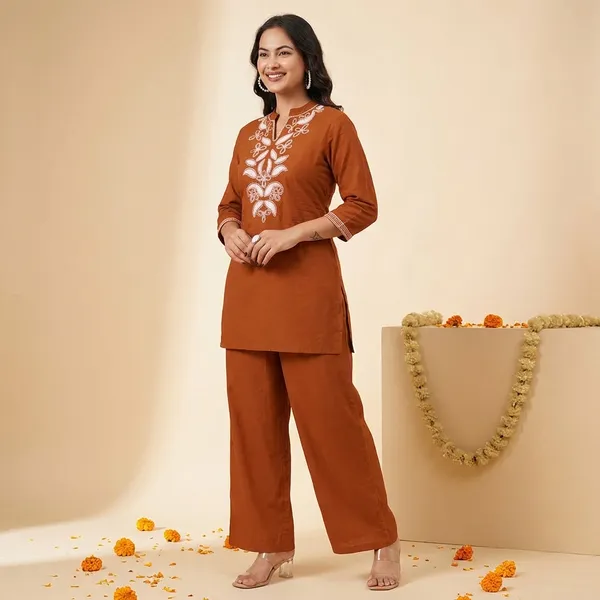 Rust_Cotton_Premium_And_Fancy_Design_Kurti_With_Palazzo_Set_For_Women