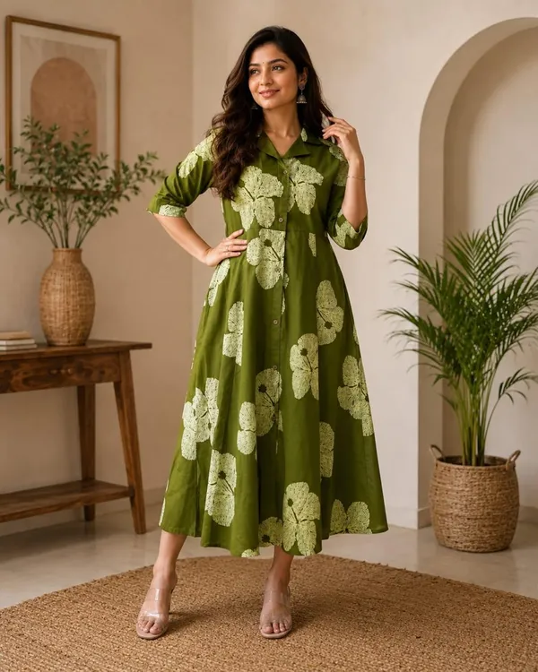 Olive_Green_Cotton_Premium_And_Fancy_Design_A-Line_Midi_Dress_For_Women