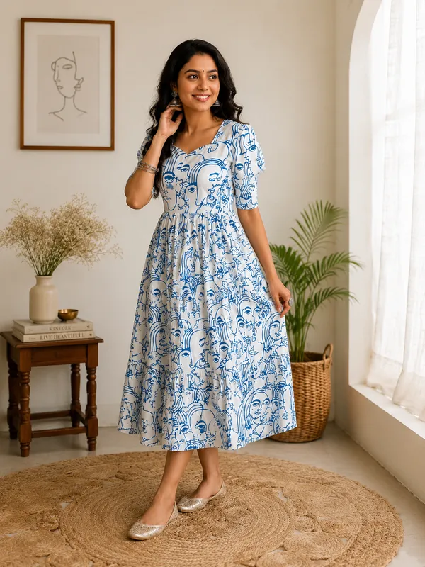 Women_Fit_and_Flare_Face_Print_Blue_Middi