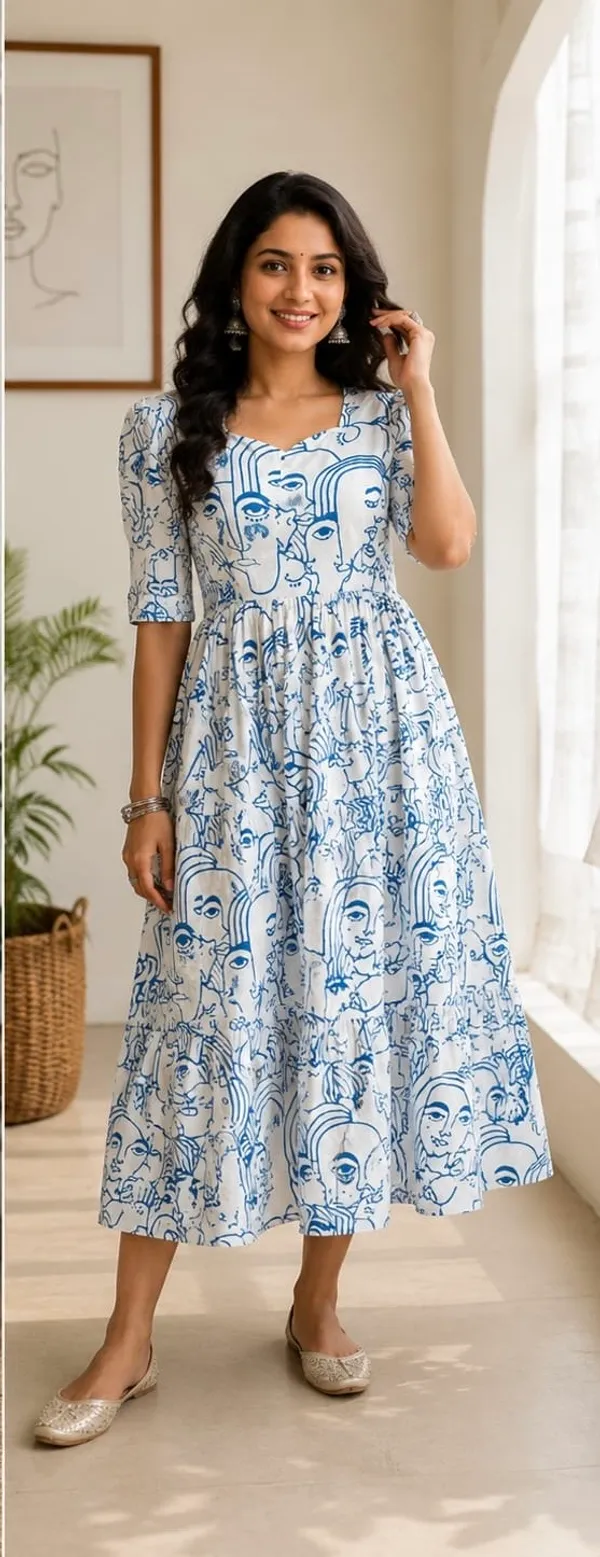 Women_Fit_and_Flare_Face_Print_Blue_Middi