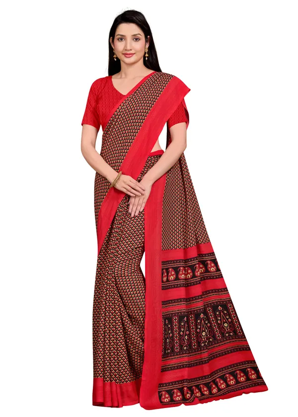 Red_Chiffon_Crepe_Unstiched_Printed_Saree_With_Red_Border_And_Pallu