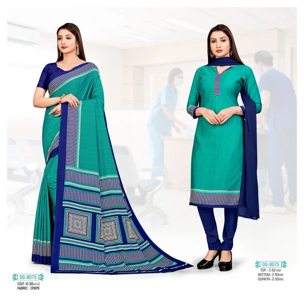 Unstitched_Turquoise_And_Navy_Blue_Crepe__Saree_And_Salwar_Suit_Combo_Set