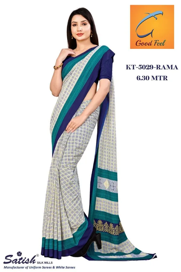 Unstitched_Teal_Blue_Sarish_Traditional_Check_Print_Soft_Crepe_Unstiched_Saree_(Saree-5_M,_Blouse-_0.8_M)