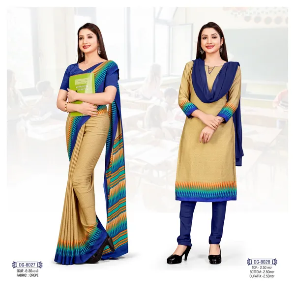 Unstitched_Beige_And_Blue_Crepe__Saree_And_Salwar_Suit_Combo