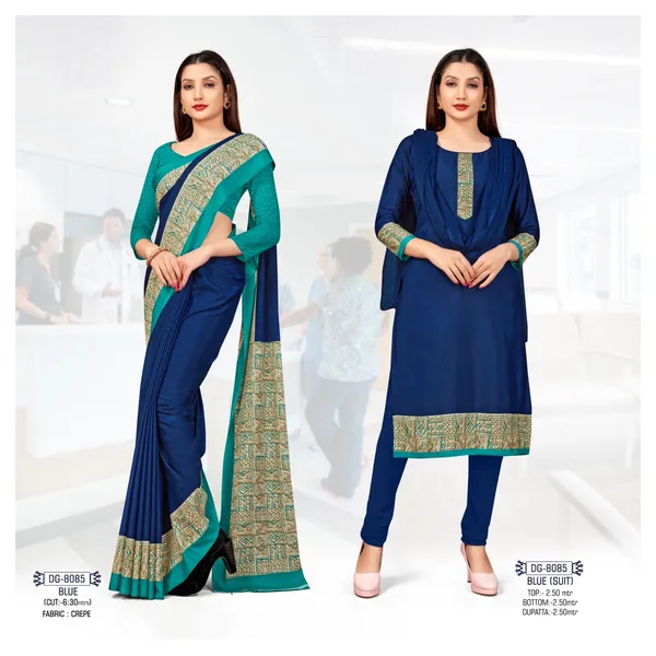 Unstitched_Navy_Blue_Combo_Crepe__Saree_With_Teal_Border_And_Salwar_Suit_With_Golden_Embellishment