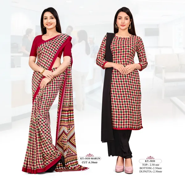 Unstitched_Maroon_And_Black_Traditional_Crepe__Saree_And_Salwar_Suit_Combo_-_Checkered_Pattern
