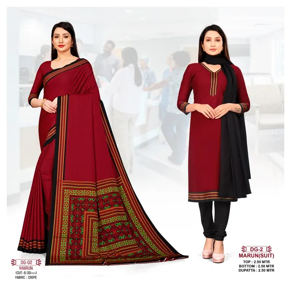 Maroon_And_Black_Crepe_Unstiched_Printed_Saree_With_Unstitched_Blouse_Piece_And_Suit_Set_With_Dupatta