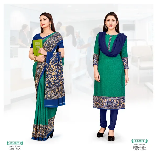 Unstitched_Teal_Blue_And_Navy_Blue_Crepe__Saree_And_Salwar_Suit_Combo