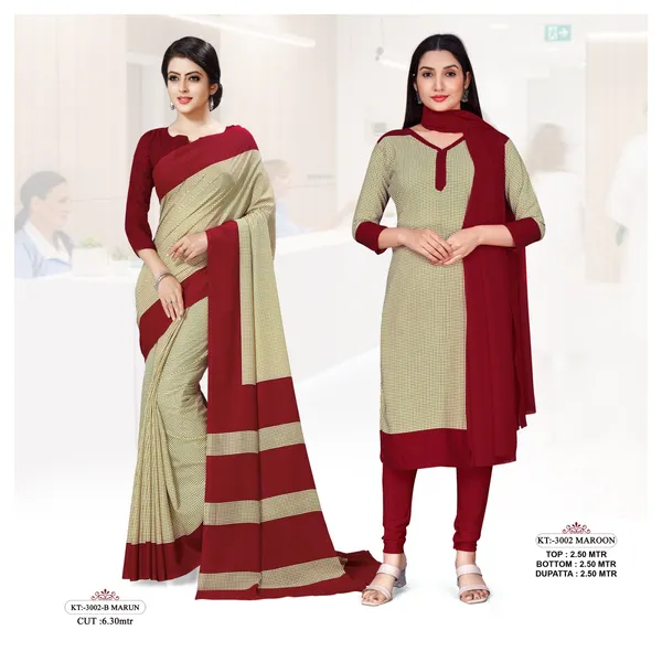 Unstitched_Maroon_And_Beige_Crepe__Saree_And_Kurta_Set_-_Matching_Combo_For_Women