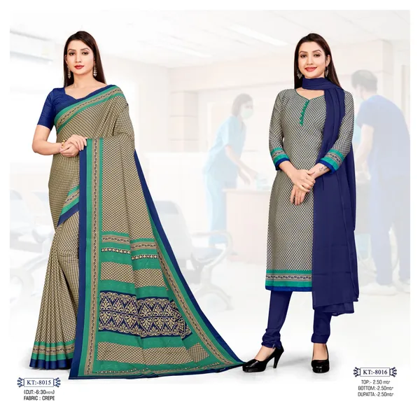 Unstitched_Unstitched_Beige_And_Blue_Crepe__Salwar_Suit_And_Saree_Combo_-_Geometric_Pattern