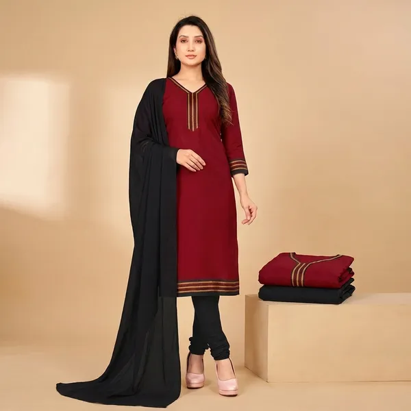 Maroon_And_Black_Ethnic_Crepe_Unstiched_Suit_Set_With_Black_Dupatta
