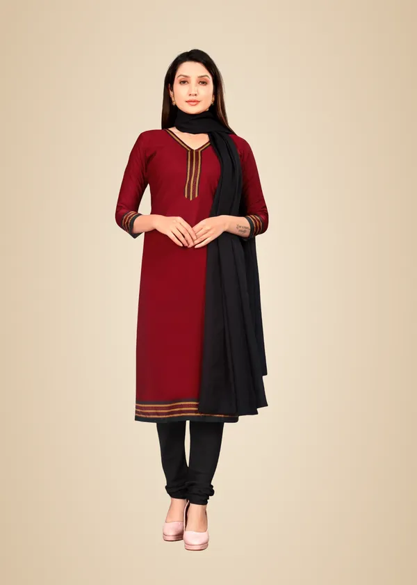 Maroon_And_Black_Ethnic_Crepe_Unstiched_Suit_Set_With_Black_Dupatta