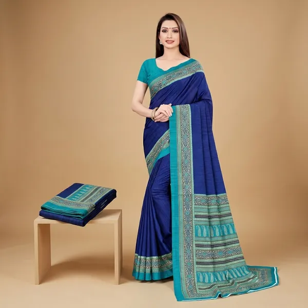 Royal_Blue_Crepe_Unstiched_Crepe_Saree_With_Turquoise_Border
