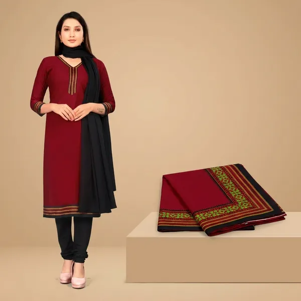 Maroon_And_Black_Crepe_Unstiched_Printed_Saree_With_Unstitched_Blouse_Piece_And_Suit_Set_With_Dupatta