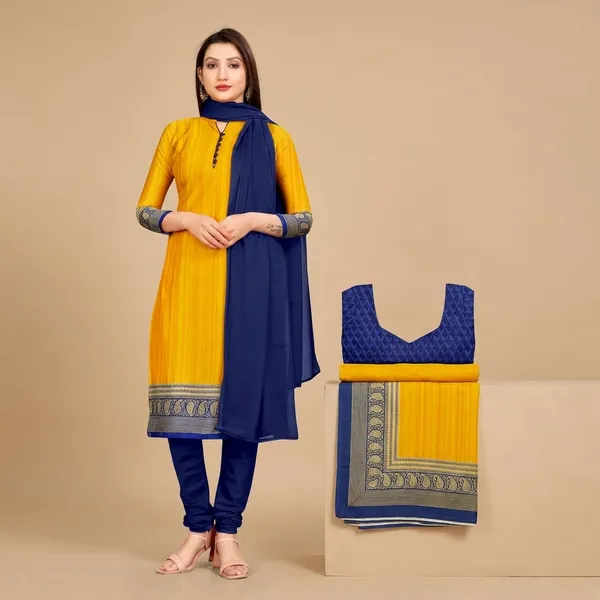 Unstitched_Unstitched_Yellow_And_Blue_Crepe__Salwar_Suit_And_Saree_Combo_Set