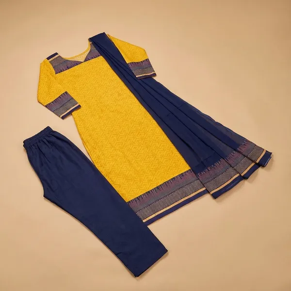 Yellow_And_Blue_Embroidered_Crepe_Unstiched_Churidar_Suit_Set