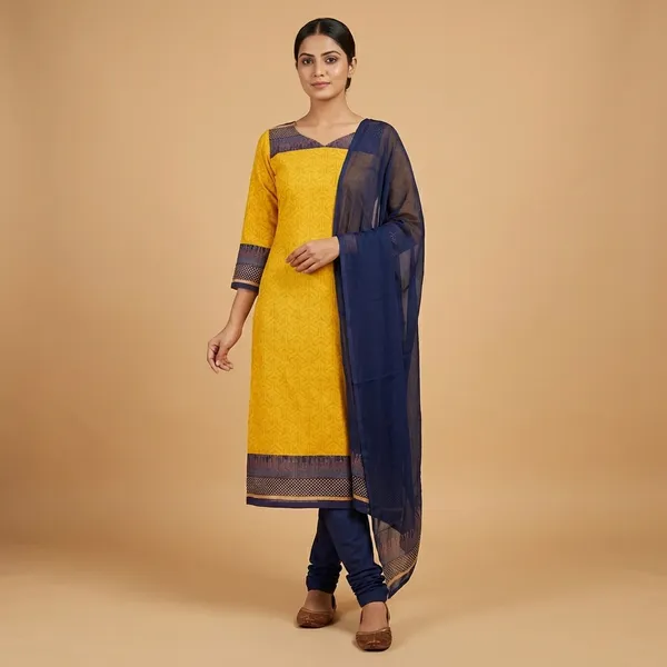 Yellow_And_Blue_Embroidered_Crepe_Unstiched_Churidar_Suit_Set