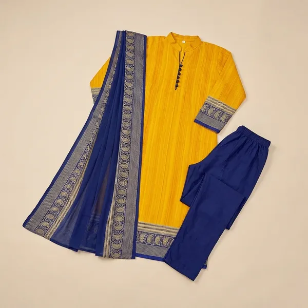 Yellow_And_Blue_Crepe_Unstiched_Suit_Set