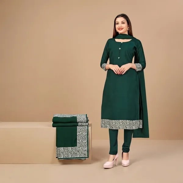 Unstitched_Green_Sequin_Border_Crepe__Saree_With_Matching_Churidar_Set_Combo