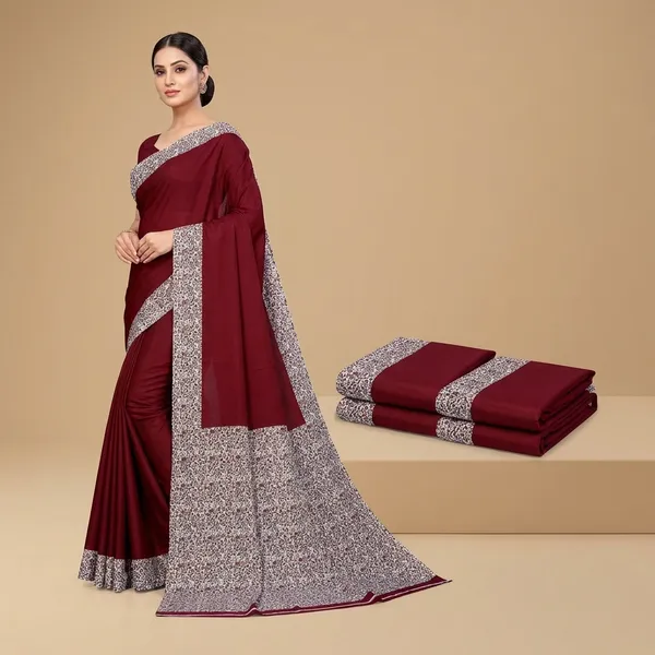 Unstitched_Maroon_And_White_Crepe_Unstiched_Saree_With_Printed_Border_(Saree-5_M,_Blouse-_0.8_M)