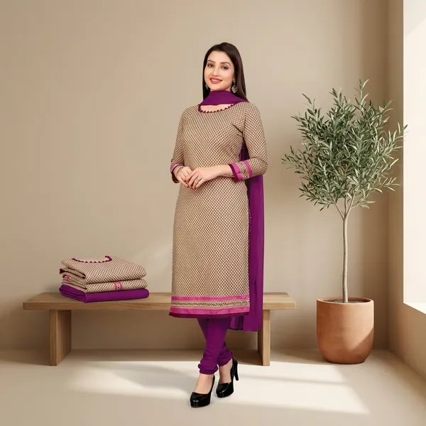 Beige_And_Purple_Printed_Churidar_Suit_Set_With_Dupatta