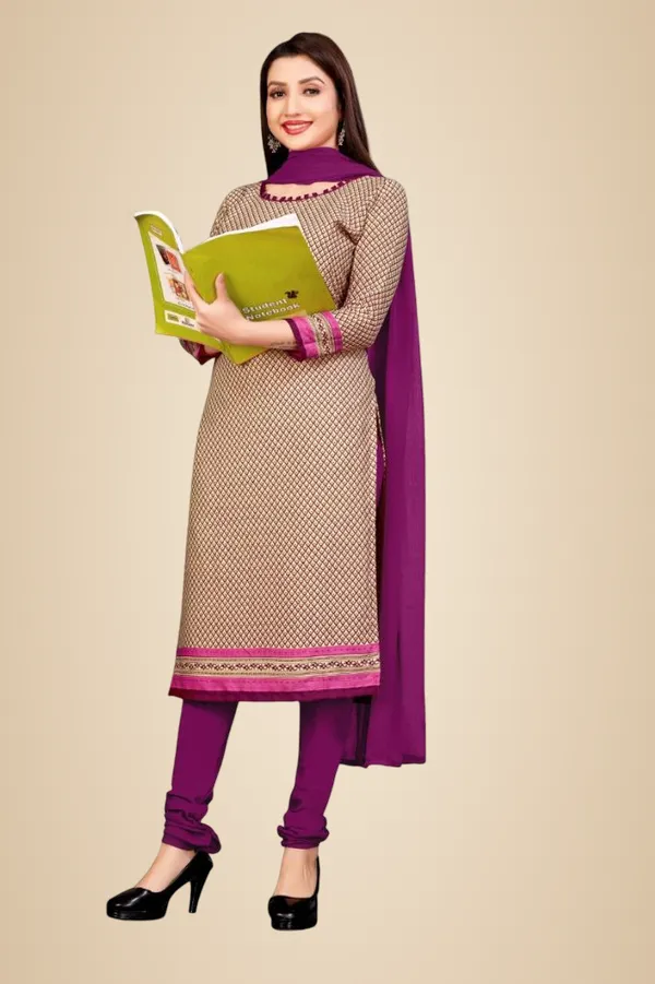 Beige_And_Purple_Printed_Churidar_Suit_Set_With_Dupatta