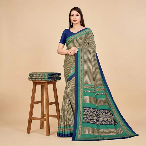 Unstitched_Beige_And_Blue_Crepe_Unstiched_Saree_With_Blouse_(Saree-5_M,_Blouse-_0.8_M)