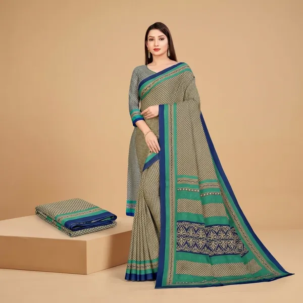 Unstitched_Unstitched_Beige_And_Blue_Crepe__Salwar_Suit_And_Saree_Combo_-_Geometric_Pattern