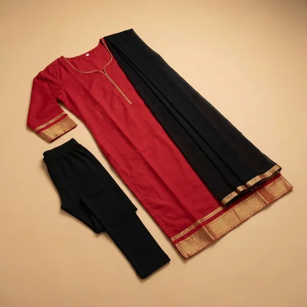 Maroon_And_Black_Ethnic_Embroidered_Crepe_Unstiched_Kurta_With_Dupatta_Set