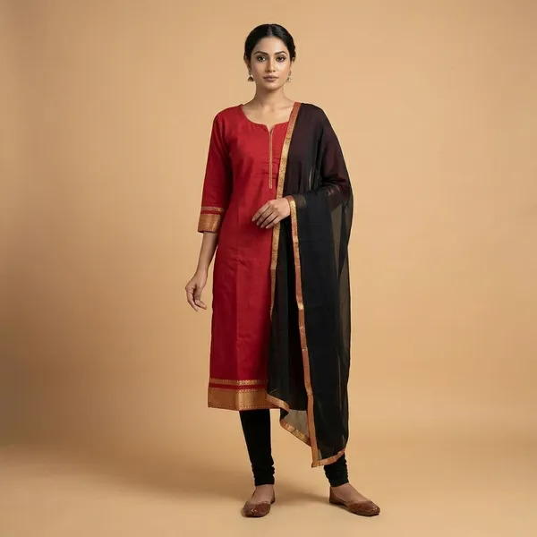 Maroon_And_Black_Ethnic_Embroidered_Crepe_Unstiched_Kurta_With_Dupatta_Set