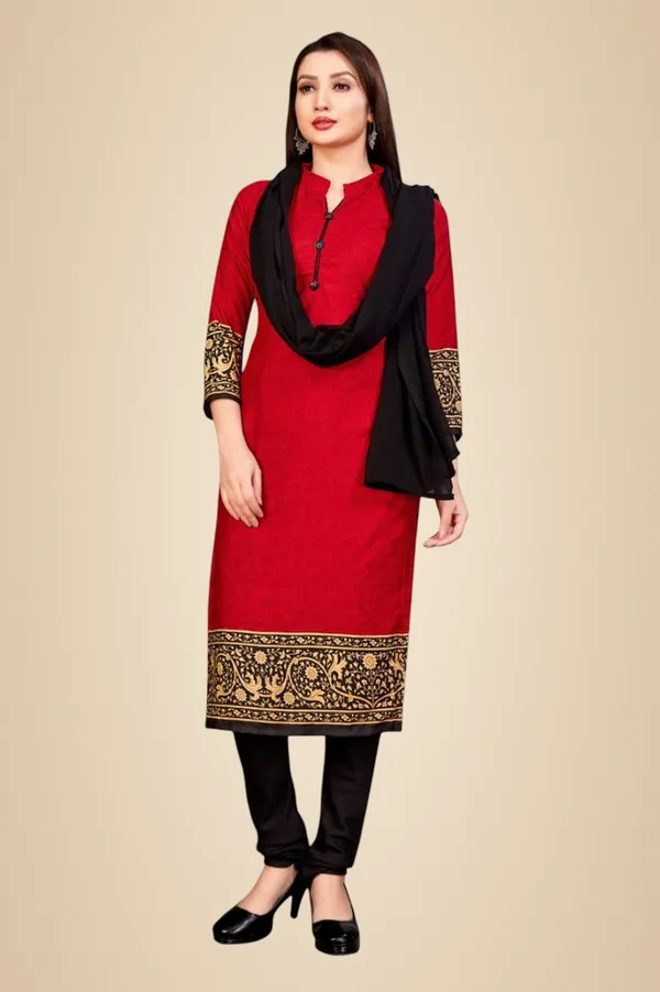 Maroon_And_Black_Ethnic_Embroidered_Crepe_Unstiched_Kurta_With_Dupatta_Set