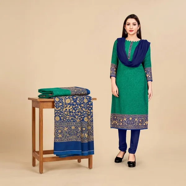 Unstitched_Teal_Blue_And_Navy_Blue_Crepe__Saree_And_Salwar_Suit_Combo