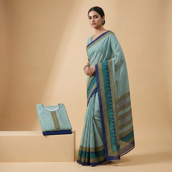 Unstitched_Turquoise_Blue_Crepe__Printed_Saree_And_Salwar_Suit_Combo_Set
