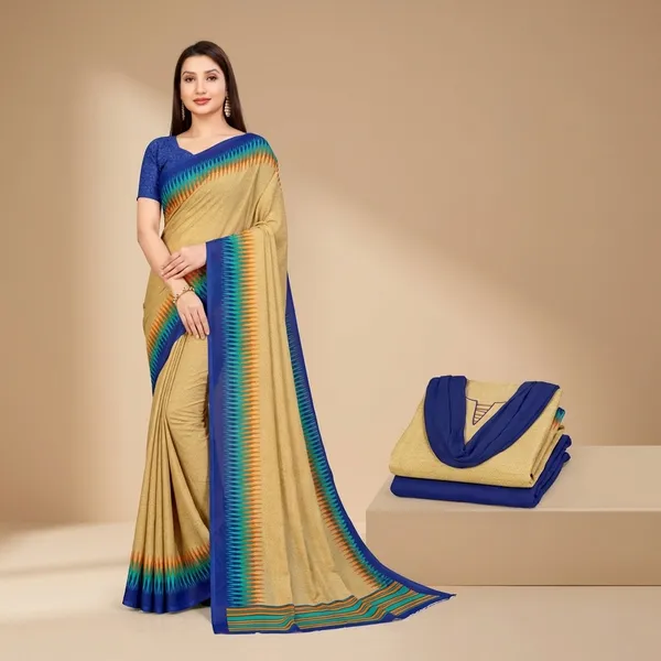 Unstitched_Beige_And_Blue_Crepe__Saree_And_Salwar_Suit_Combo