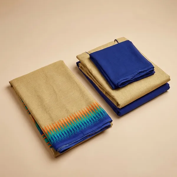Unstitched_Beige_And_Blue_Crepe__Saree_And_Salwar_Suit_Combo