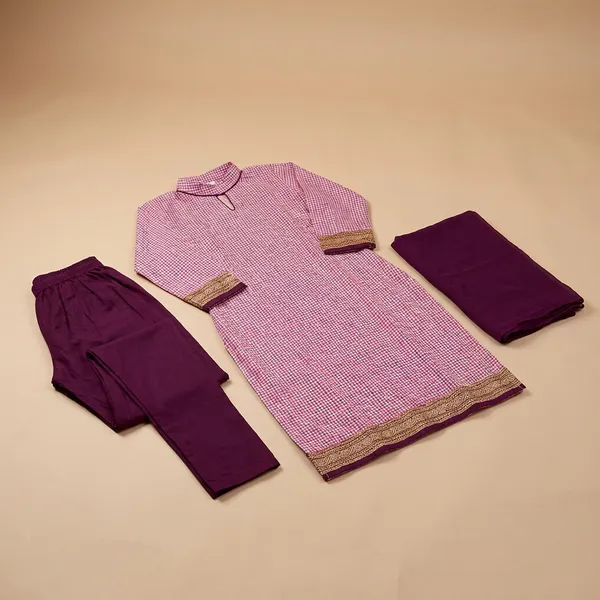 Wine_Crepe_Unstiched_Suit_Set_With_Purple_Dupatta