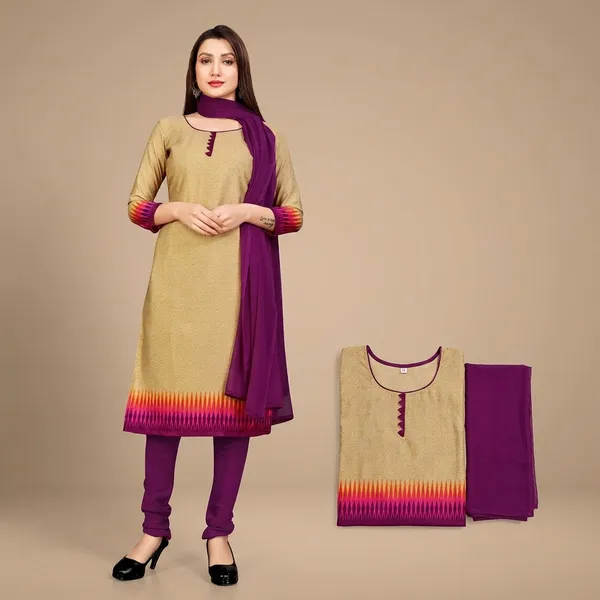 Beige_And_Wine_Crepe_Unstiched_Churidar_Suit_Set