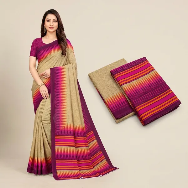 Beige_And_Pink_Crepe_Unstiched_Printed_Saree_Pattern_Saree_With_Blouse