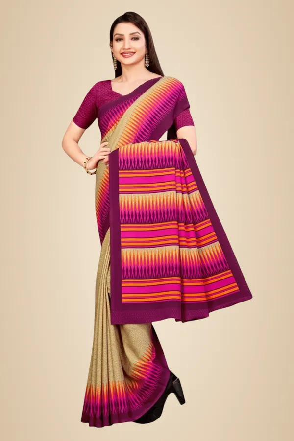Beige_And_Pink_Crepe_Unstiched_Printed_Saree_Pattern_Saree_With_Blouse