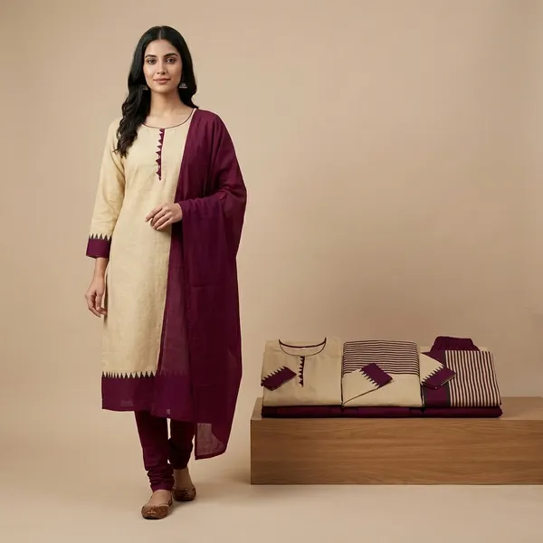 Unstitched_Wine_And_Beige_Crepe__Saree_And_Kurta_Set_Combo