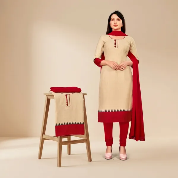 Unstitched_Beige_And_Red_Ethnic_Wear_Combo_Crepe__Saree_With_Blouse_And_Suit_Set