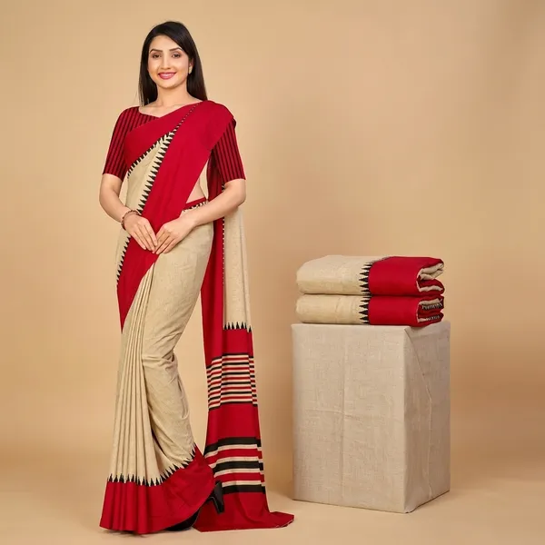 Unstitched_Beige_And_Red_Crepe_Unstiched_Saree_With_Striped_Border_(Saree-5_M,_Blouse-_0.8_M)