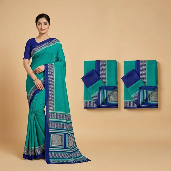Unstitched_Turquoise_And_Navy_Blue_Crepe__Saree_And_Salwar_Suit_Combo_Set