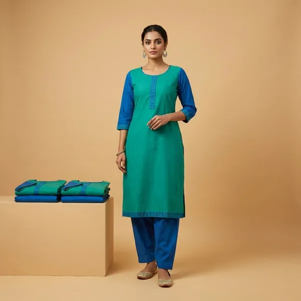 Turquoise_Blue_Ethnic_Crepe_Unstiched_Suit_Set_With_Navy_Contrast
