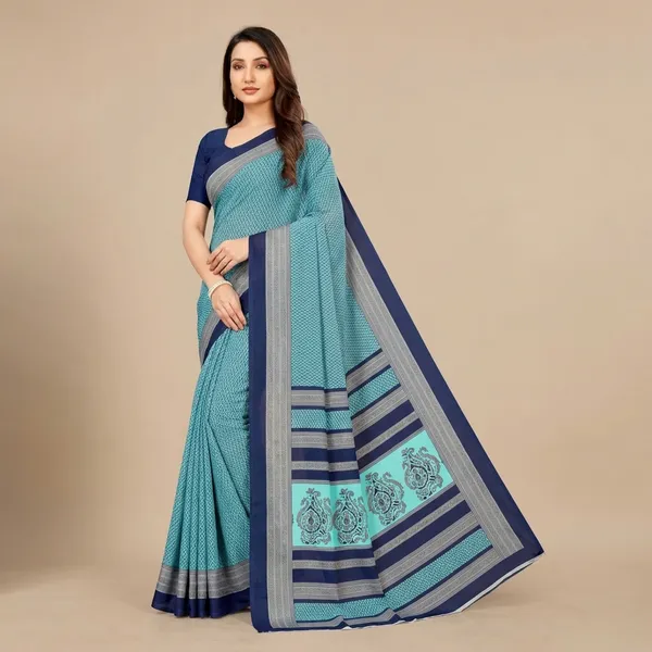 Unstitched_Blue_Printed_Crepe__Saree_And_Dress_Material_Combo_Set