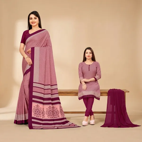 Unstitched_Pink_Ethnic_Crepe__Saree_With_Matching_Churidar_Set_Combo