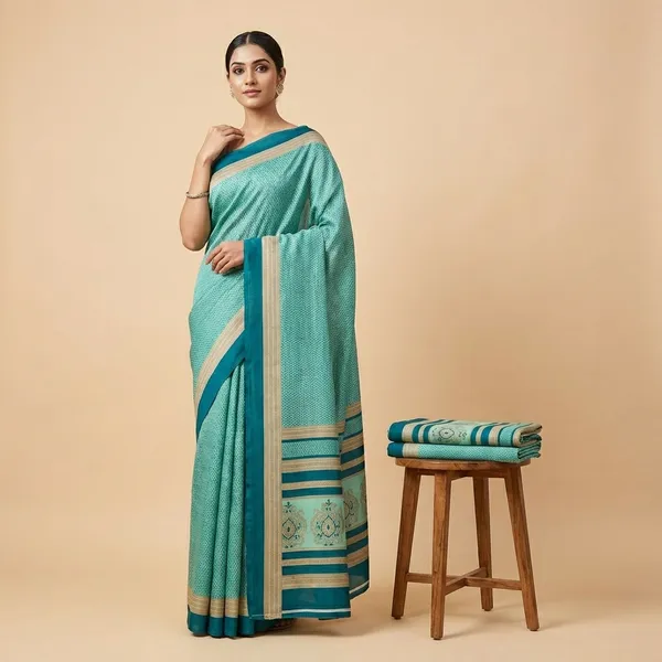 Teal_Green_Printed_Saree_With_Blouse_Saree