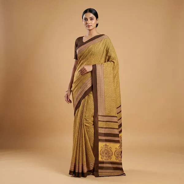 Unstitched_Yellow_Printed_Crepe_Unstiched_Saree_With_Brown_Border_(Saree-5_M,_Blouse-_0.8_M)
