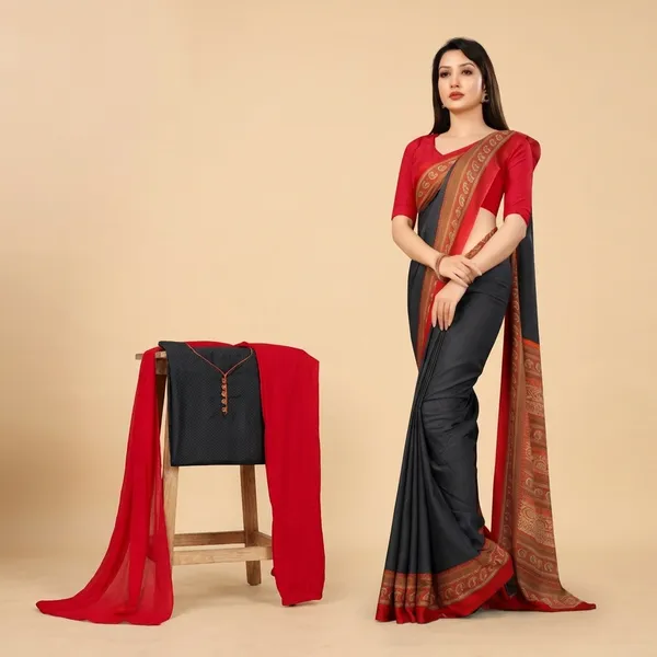 Unstitched_Grey_And_Red_Crepe__Saree_With_Red_Blouse_And_Matching_Churidar_Set_Combo
